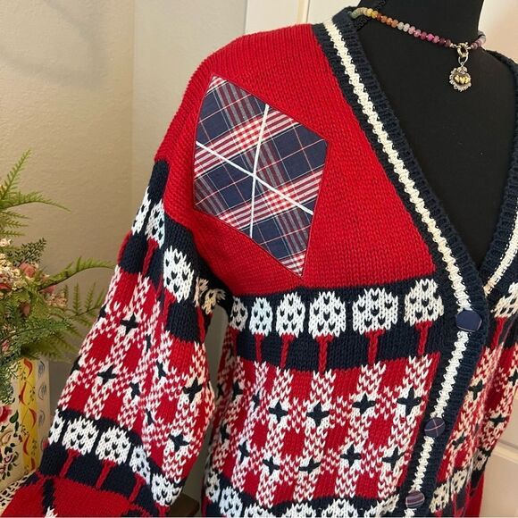 Vintage PBJ Sport 90s 80s Red Blue White Golf Prep Novelty Cardigan Sweater Sz M - Picture 4 of 16